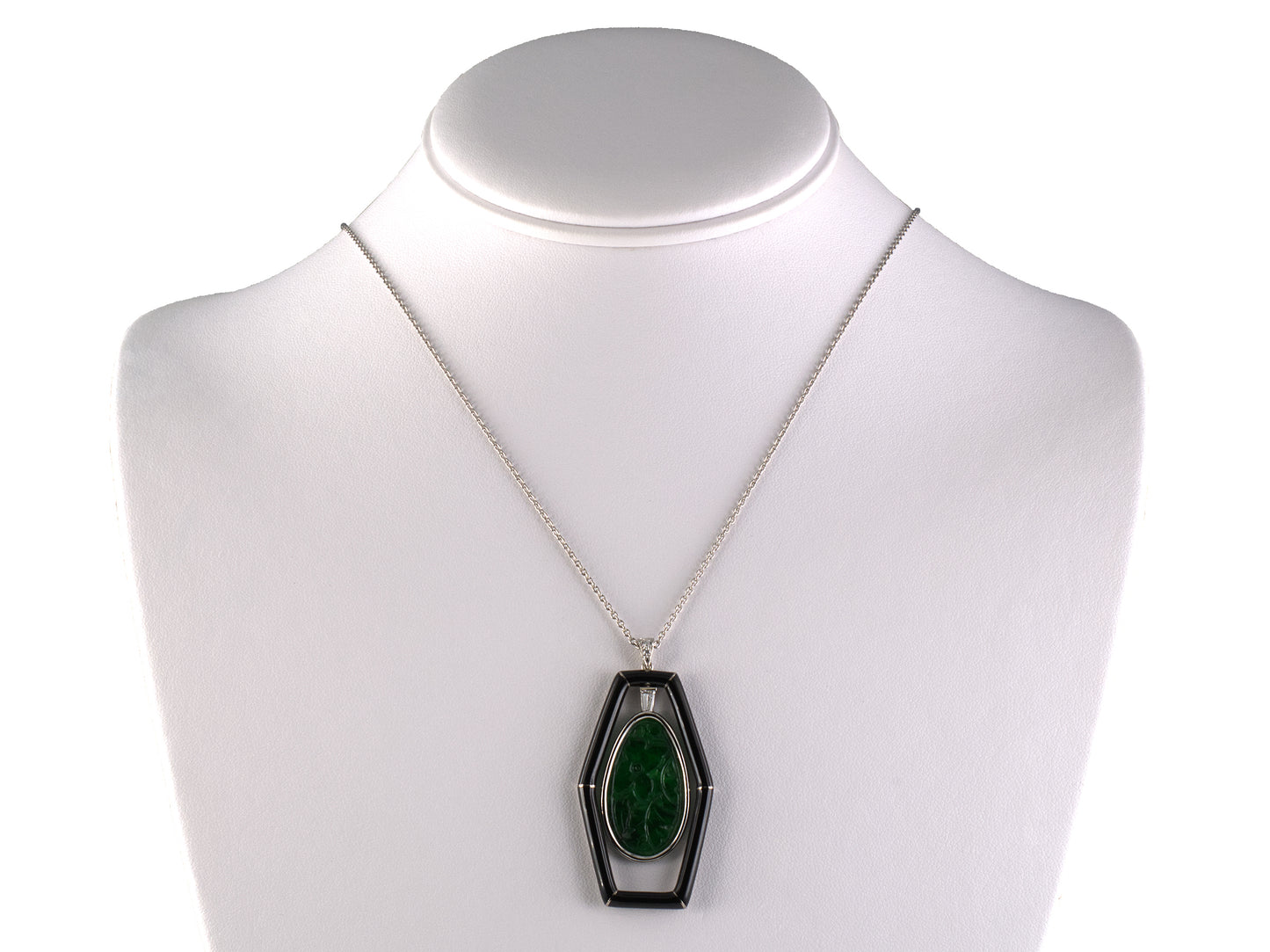 45723 - "Cerro" Platinum Palladium Diamond Carved Jadeite Floral Butterfly Hexagonal Black Enamel Pendant