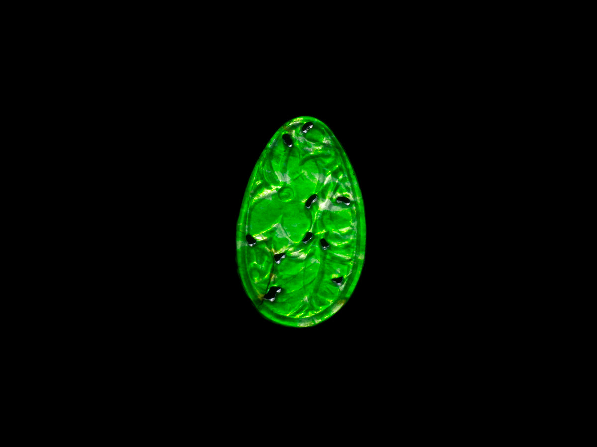 45723 - "Cerro" Platinum Palladium Diamond Carved Jadeite Floral Butterfly Hexagonal Black Enamel Pendant