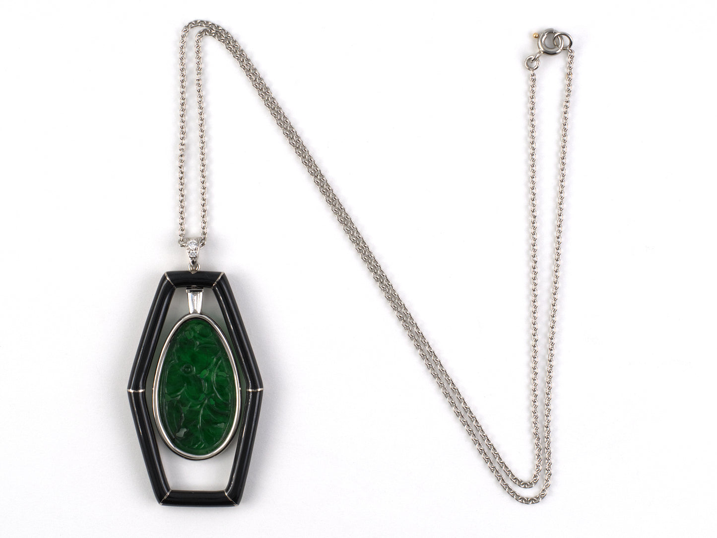 45723 - "Cerro" Platinum Palladium Diamond Carved Jadeite Floral Butterfly Hexagonal Black Enamel Pendant