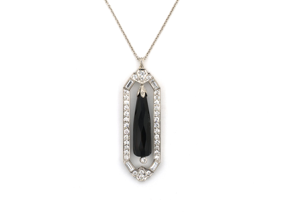 45724 - Art Deco Platinum Diamond Onyx Drop Dangle Pendant Necklace