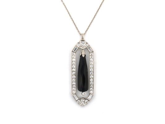 45724 - Art Deco Platinum Diamond Onyx Drop Dangle Pendant Necklace