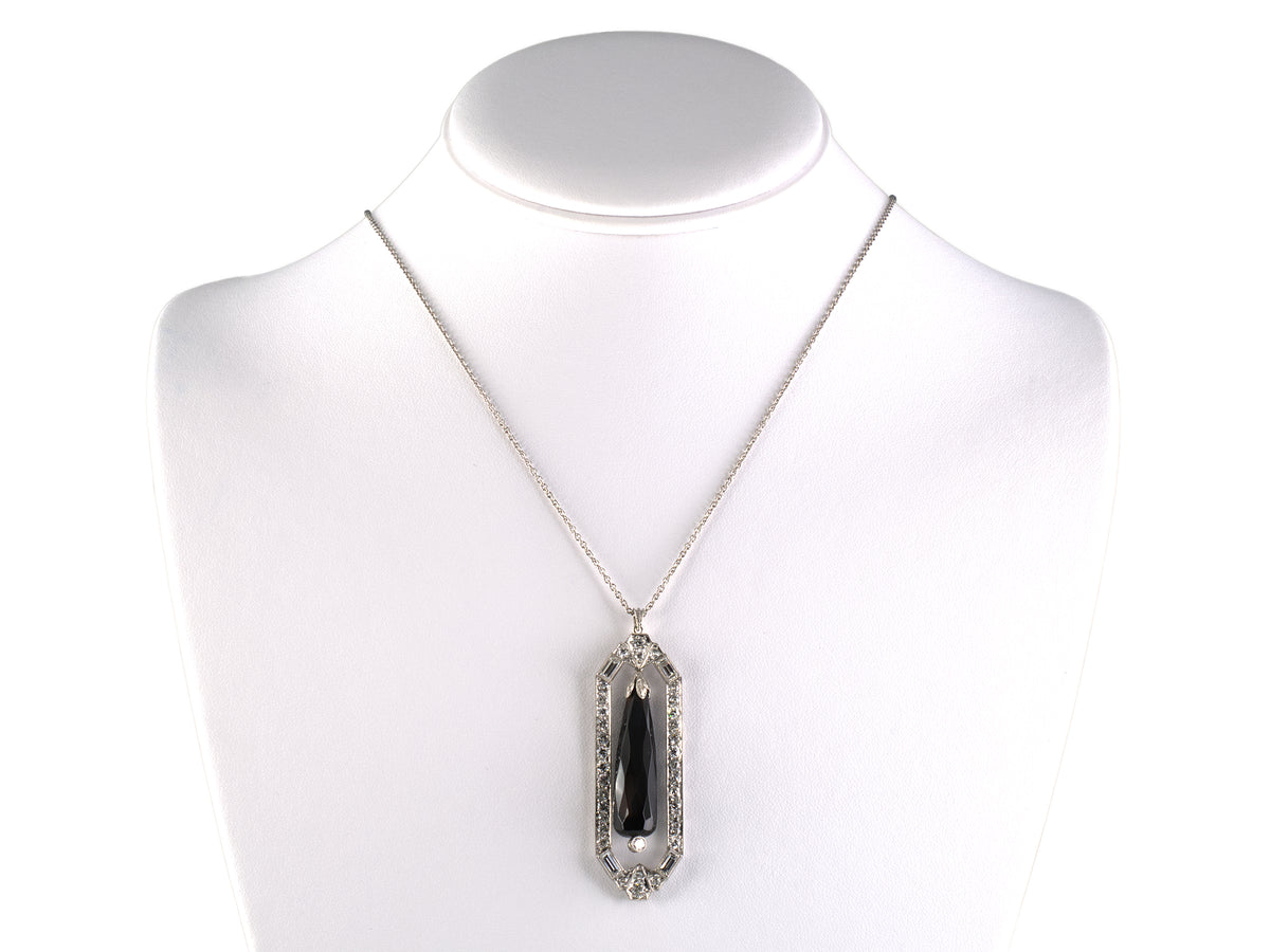 45724 - Art Deco Platinum Diamond Onyx Drop Dangle Pendant Necklace