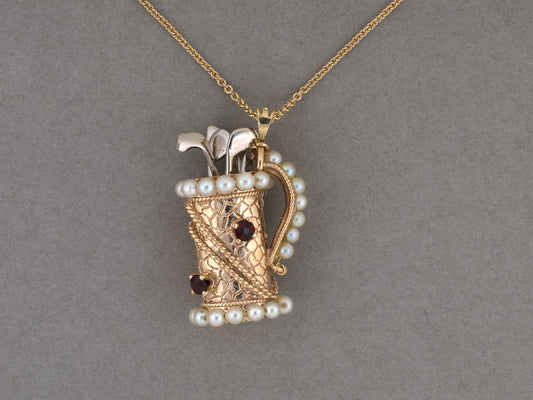 45725 - Gold Pearl Garnet Golf Bag & Clubs Carved Pendant Necklace
