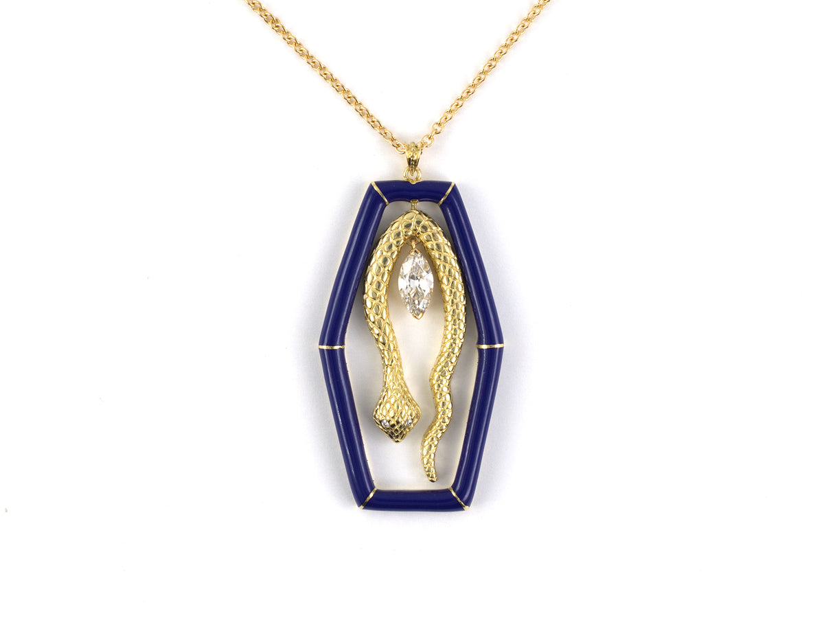 45726 - Gold Diamond Carved Snake Blue Enamel Hexagonal Drop Dangle Pendant Necklace