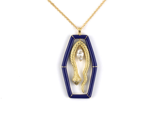45726 - Gold Diamond Carved Snake Blue Enamel Hexagonal Drop Dangle Pendant Necklace
