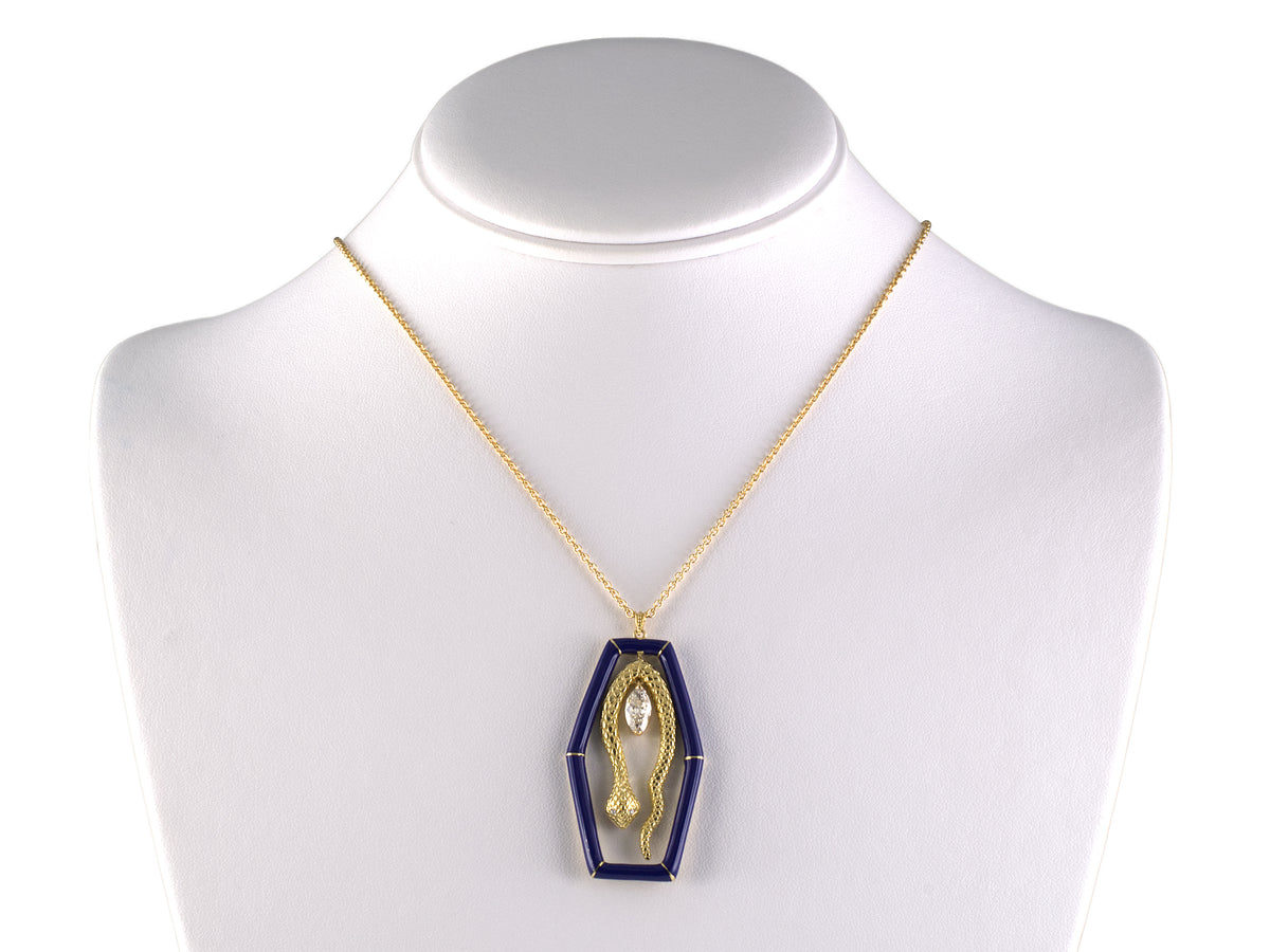 45726 - Gold Diamond Carved Snake Blue Enamel Hexagonal Drop Dangle Pendant Necklace