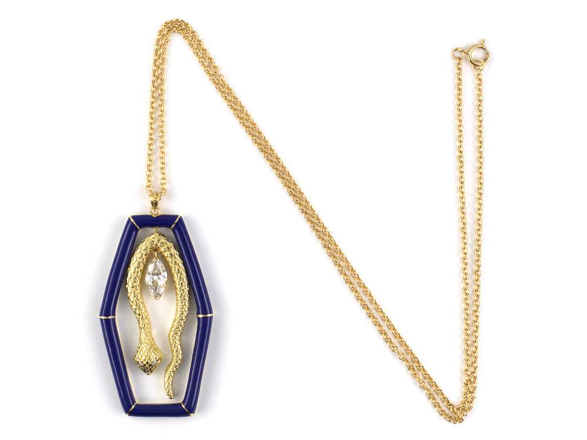 45726 - Gold Diamond Carved Snake Blue Enamel Hexagonal Drop Dangle Pendant Necklace