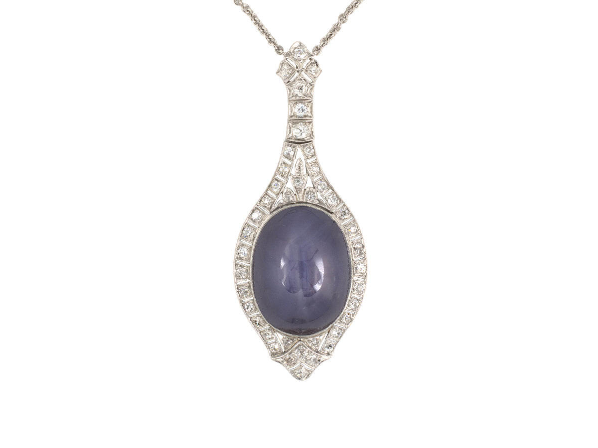 45730 - Art Deco Platinum Diamond Purple Star Sapphire Pendant Necklace