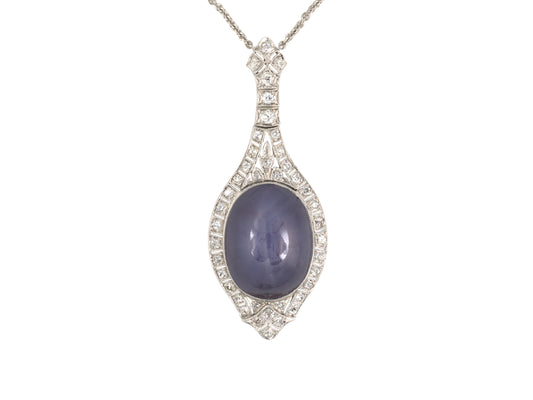 45730 - Art Deco Platinum Diamond Purple Star Sapphire Pendant Necklace