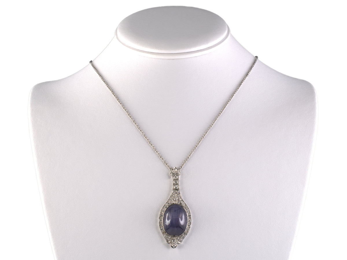 45730 - Art Deco Platinum Diamond Purple Star Sapphire Pendant Necklace