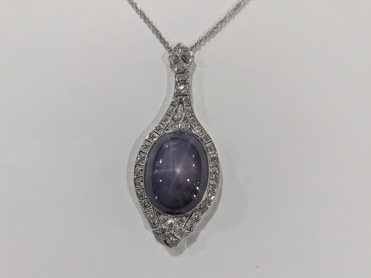 45730 - Art Deco Platinum Diamond Purple Star Sapphire Pendant Necklace
