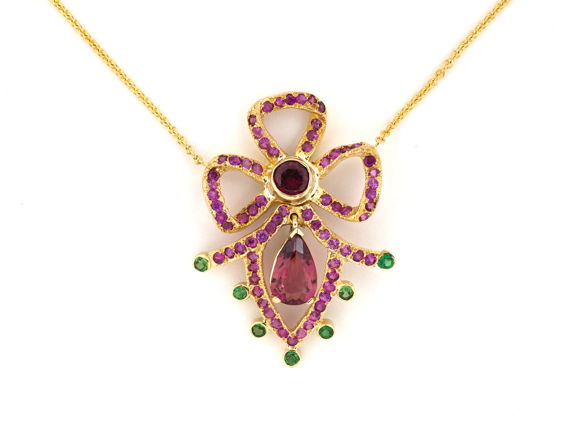 45736 - Gold Pink Tourmaline Tsavorite Flexible Bow Spray Drop Pendant Necklace