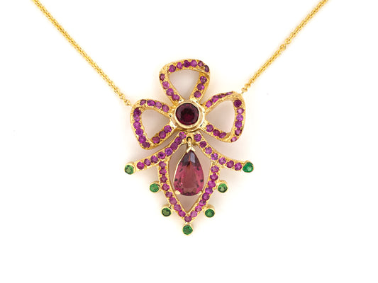 45736 - Gold Pink Tourmaline Tsavorite Flexible Bow Spray Drop Pendant Necklace