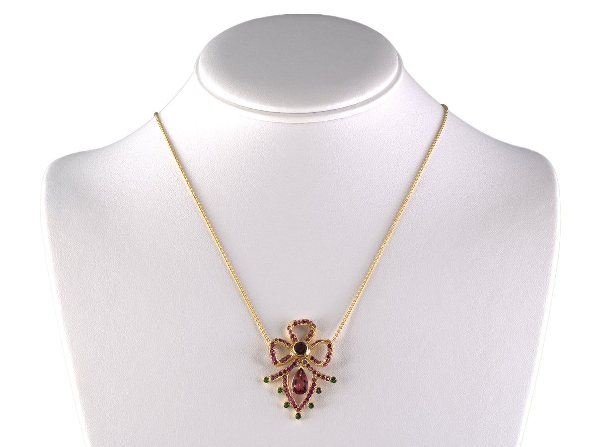 45736 - Gold Pink Tourmaline Tsavorite Flexible Bow Spray Drop Pendant Necklace
