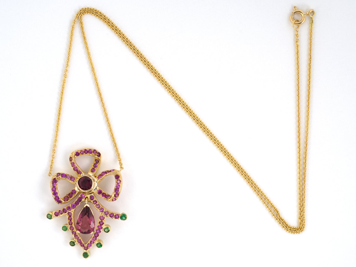 45736 - Gold Pink Tourmaline Tsavorite Flexible Bow Spray Drop Pendant Necklace