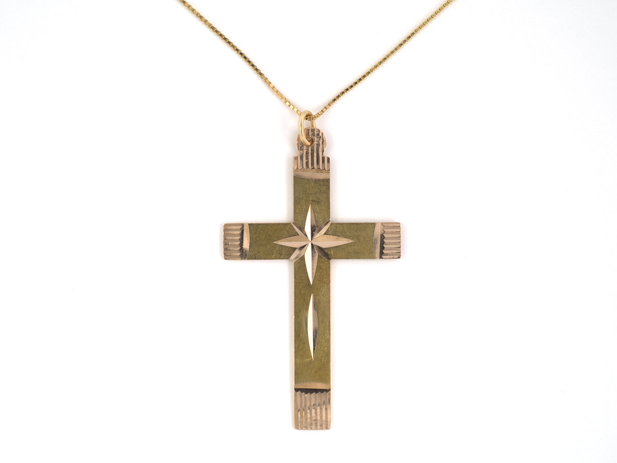 45743 - Circa 1950s Gold Cross 2-Sided Carved Sunburst Design Pendant Necklace