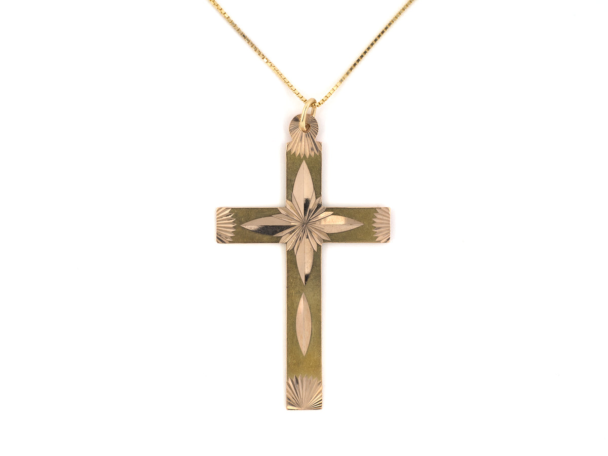 45743 - Circa 1950s Gold Cross 2-Sided Carved Sunburst Design Pendant Necklace