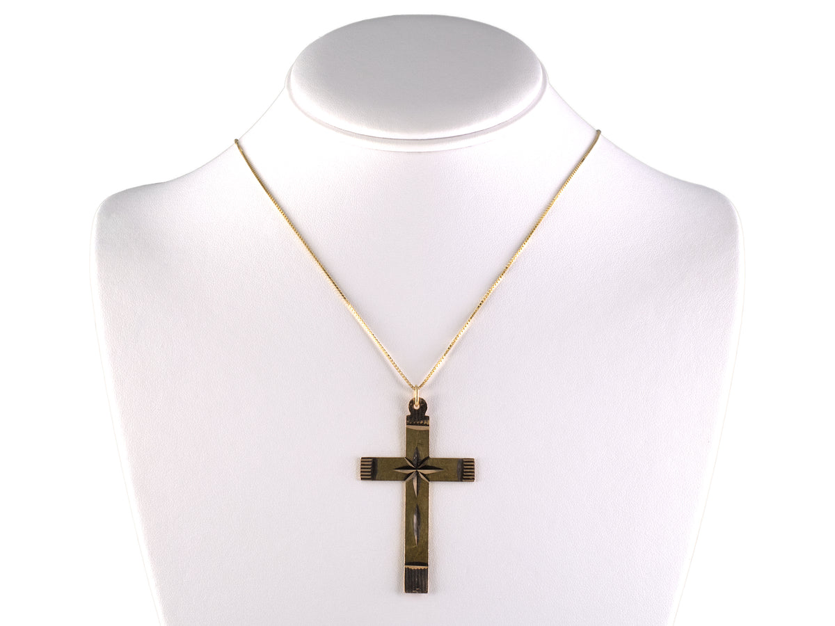 45743 - Circa 1950s Gold Cross 2-Sided Carved Sunburst Design Pendant Necklace