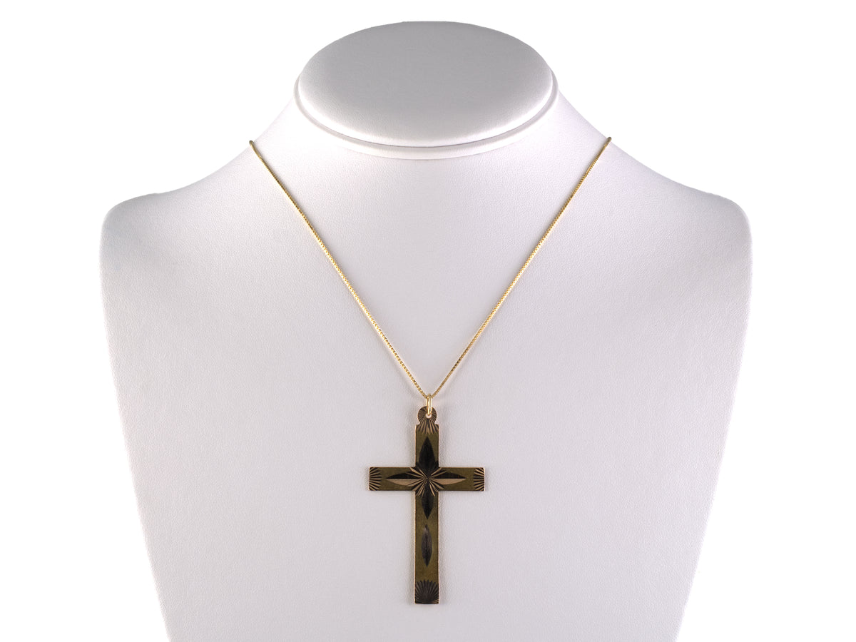 45743 - Circa 1950s Gold Cross 2-Sided Carved Sunburst Design Pendant Necklace