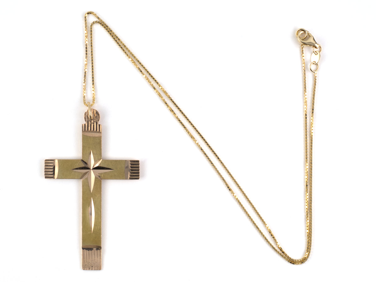 45743 - Circa 1950s Gold Cross 2-Sided Carved Sunburst Design Pendant Necklace