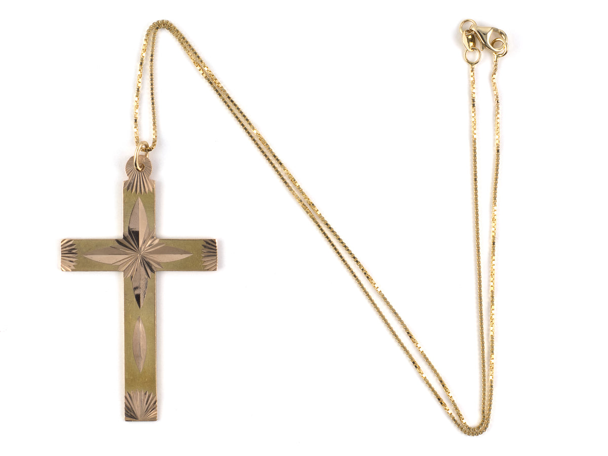 45743 - Circa 1950s Gold Cross 2-Sided Carved Sunburst Design Pendant Necklace