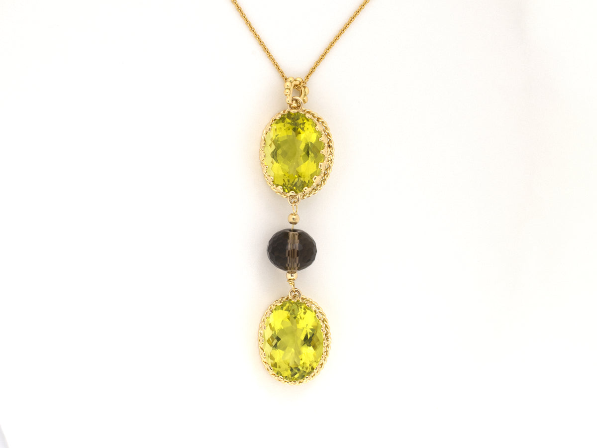 45744 - Gold Green & Smoky Quartz Drop Pendant Necklace