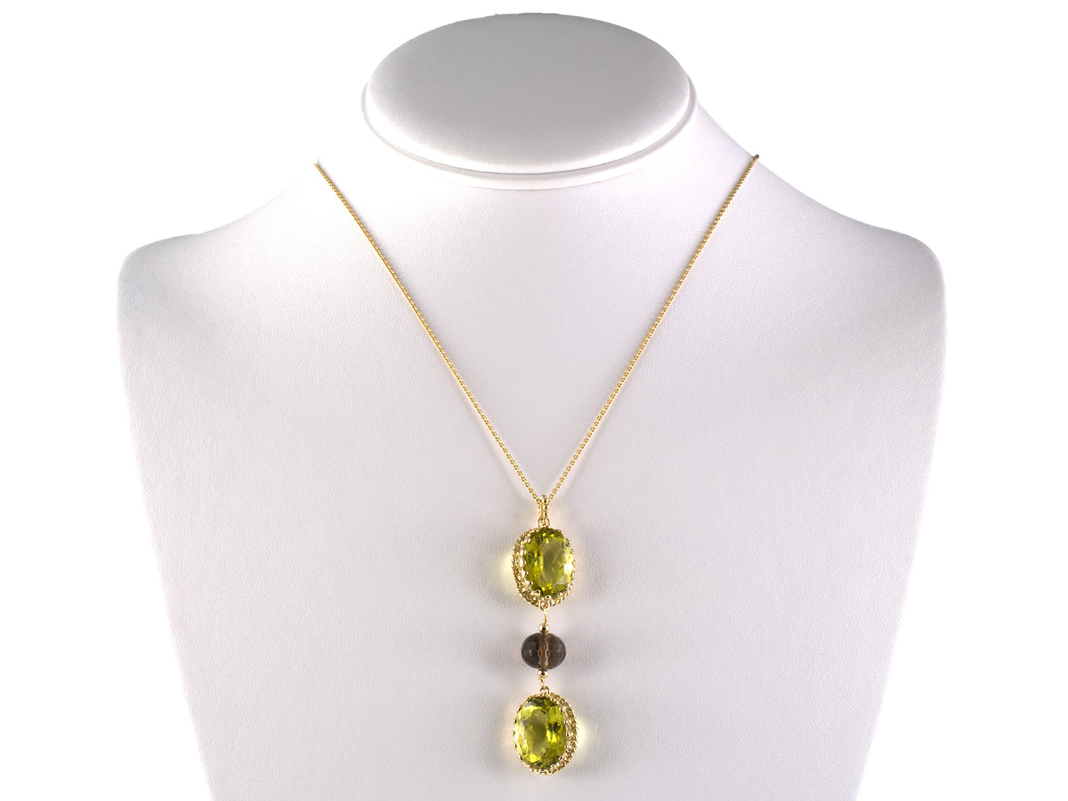 45744 - Gold Green & Smoky Quartz Drop Pendant Necklace
