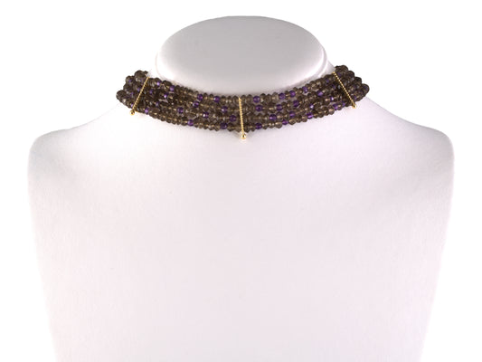 45747 - Gold Smoky Quartz Amethyst Faceted Rondel Choker Necklace