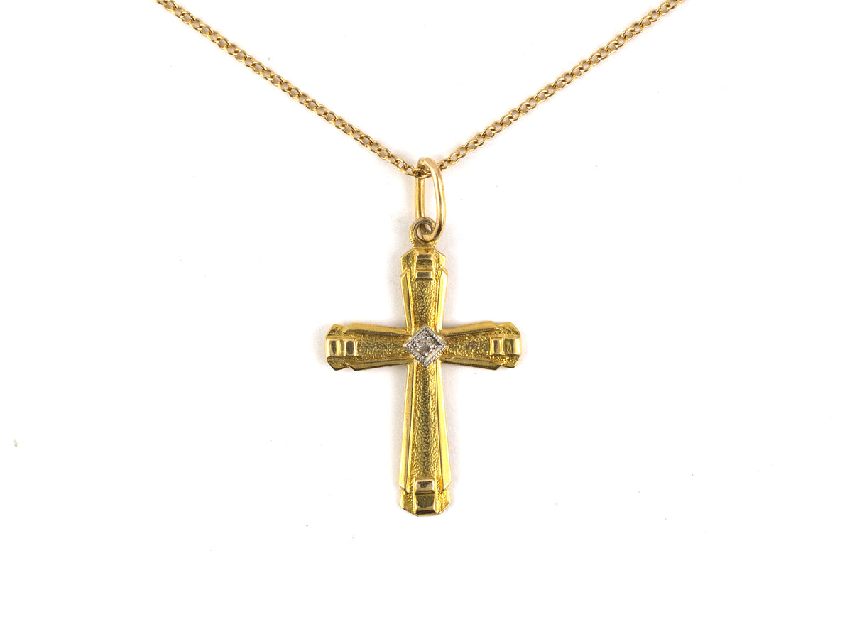 45749 - Victorian Gold Platinum Diamond Stippled Cross Pendant Necklace