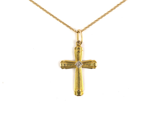 45749 - Victorian Gold Platinum Diamond Stippled Cross Pendant Necklace