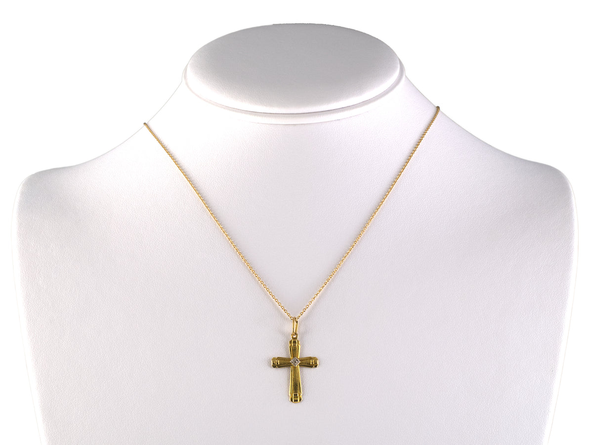 45749 - Victorian Gold Platinum Diamond Stippled Cross Pendant Necklace