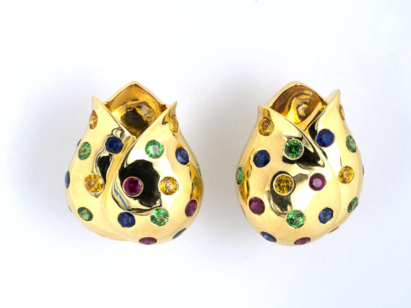 51990 - SOLD - Circa 1998 Jean Vitau Gold Sapphire Ruby Tsavorite Citrine Tulip Earrings