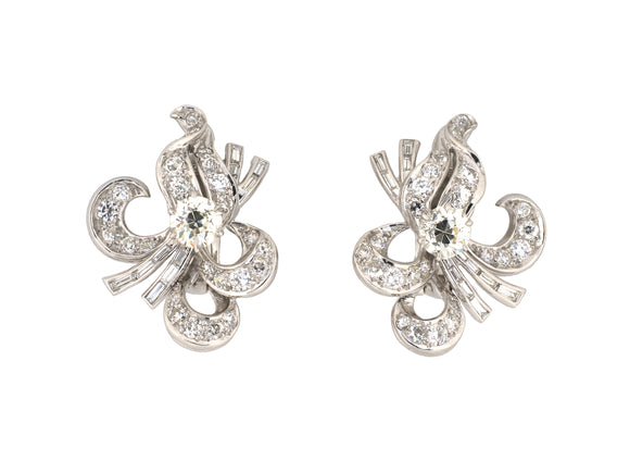 52629 - Circa 1950 Platinum Diamond Spray Ribbon Earrings