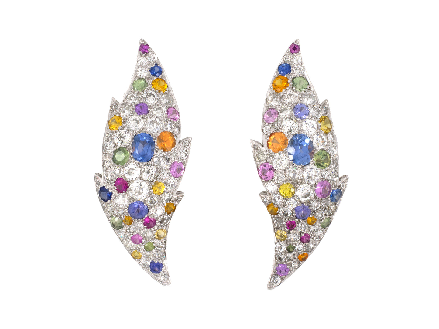 52635 - Art Deco Platinum Pave Diamond Sapphire Flame Earrings