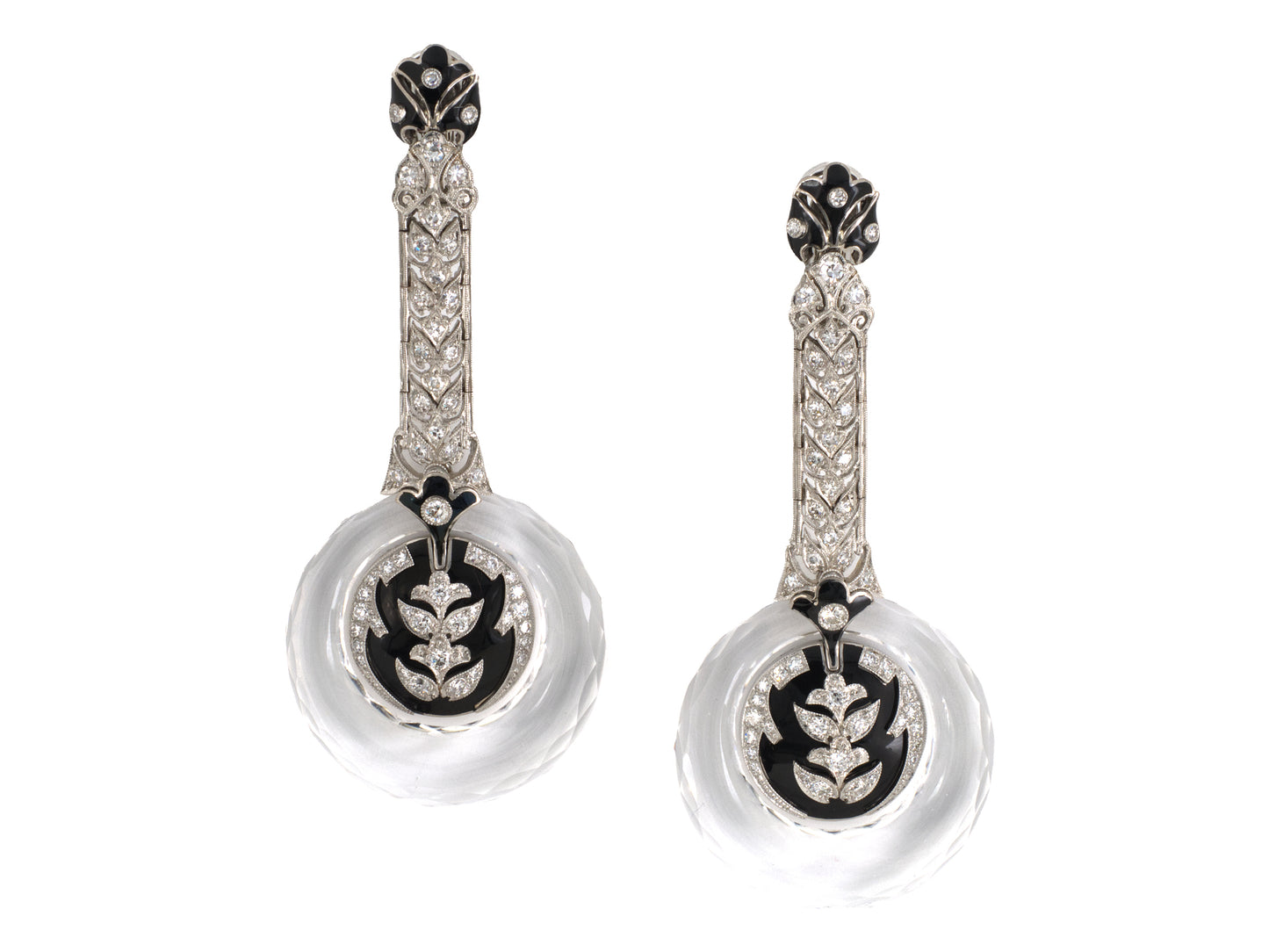 52833 - Art Deco Platinum Diamond Crystal Enamel Drop Dangle Hoop Earrings