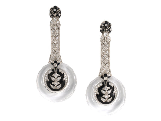 52833 - Art Deco Platinum Diamond Crystal Enamel Drop Dangle Hoop Earrings
