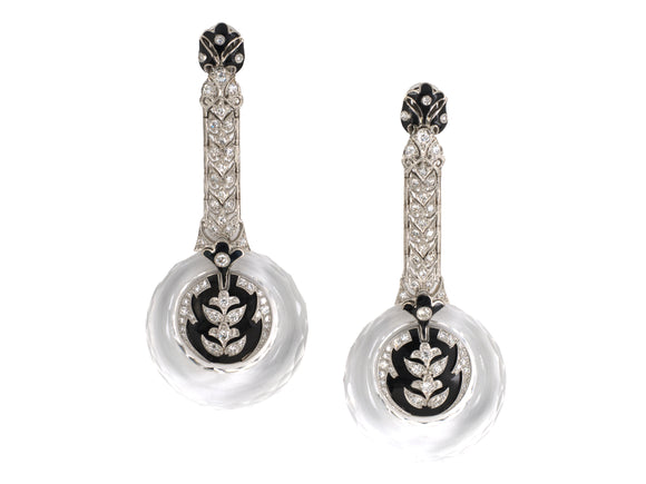 52833 - Art Deco Platinum Diamond Crystal Enamel Drop Dangle Hoop Earrings