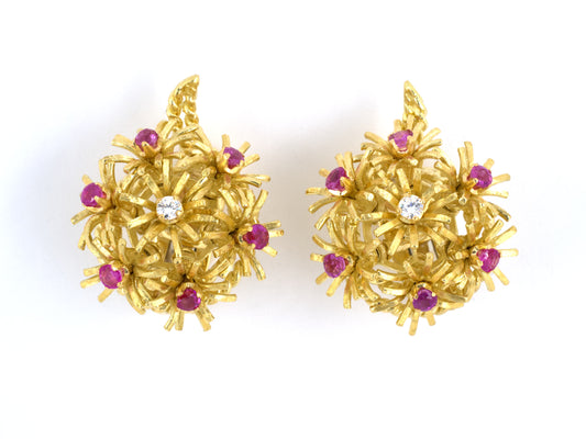 53065 - Italy Gold Ruby Diamond Flower Earrings