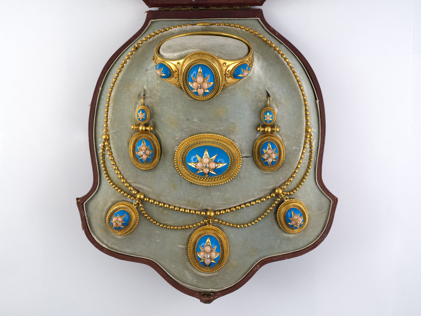53105 - Victorian Etruscan Revival Gold Diamond Enamel Drop Earrings