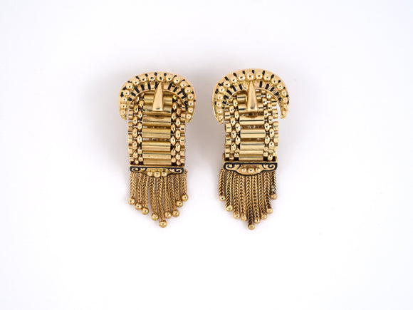 53193 - SOLD - Circa 1950s Gold Black Enamel Buckle Tassel Earrings