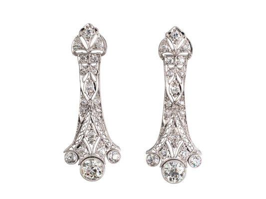 53397 - Art Deco Platinum Diamond Filigree Dangle Earrings