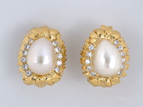 53590 - SOLD - Webb Gold Pearl Diamond Leaf Earrings