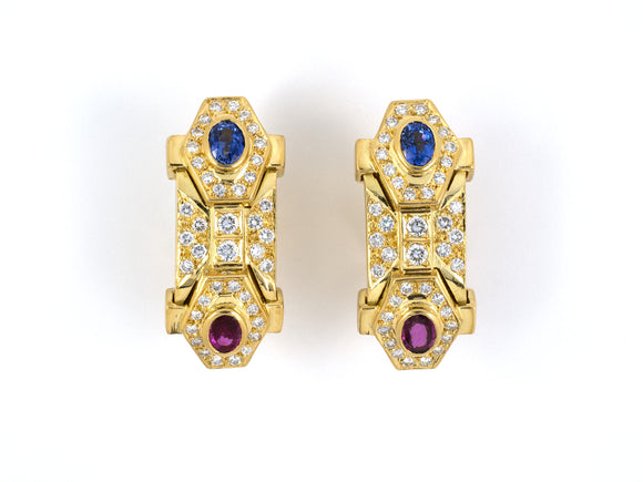 53681 - SOLD - Gold Oval Sapphire Ruby Diamond Cluster Drop Earrings