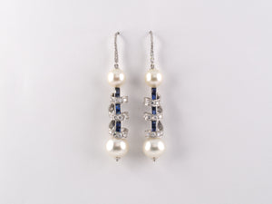 53693 - SOLD - Platinum Pearl Diamond Sapphire Barber Pole Dangle Earrings