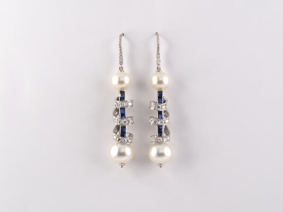 53693 - SOLD - Platinum Pearl Diamond Sapphire Barber Pole Dangle Earrings