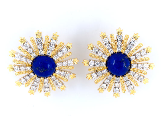 53756 - Circa 1980 Gold Lapis Diamond Sun Earrings