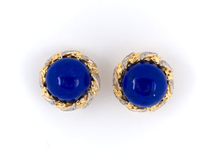 53761 - SOLD - Circa 1980 Gold Lapis Diamond Swirl Cluster Earrings