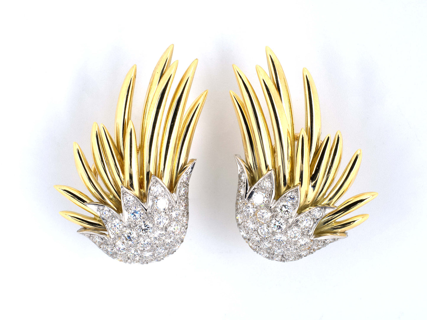 53780 - Tiffany Schlumberger Paris Flames Gold Platinum Diamond Spray Earrings