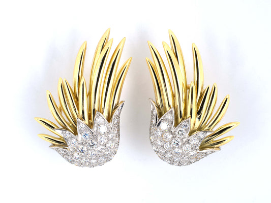 53780 - Tiffany Schlumberger Paris Flames Gold Platinum Diamond Spray Earrings