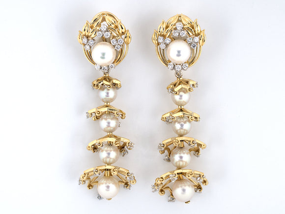 53781 - SOLD - Gold Platinum Pearl Diamond Floral Chandelier Drop Earrings